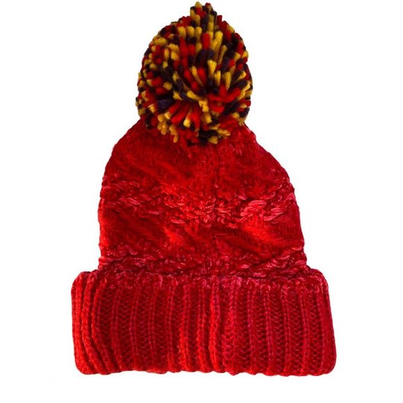 Women’s Chenille Striped Multi Pom Beanie Red - Picture 2 of 2